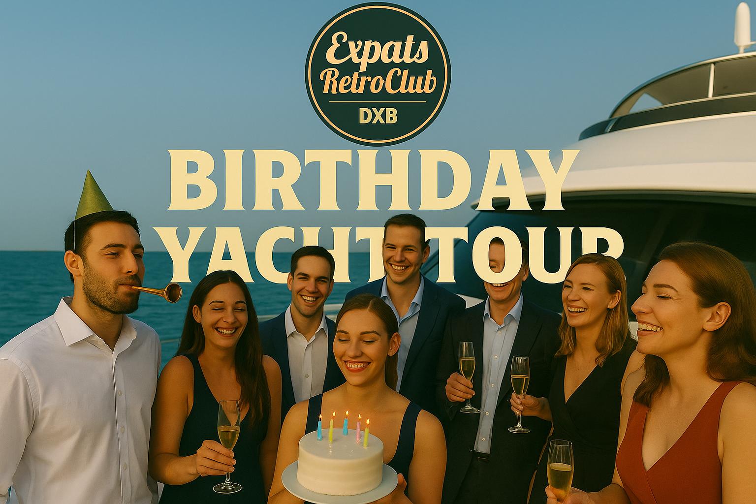 Birthday yacht party in Dubai for expats with cake, champagne, and fun